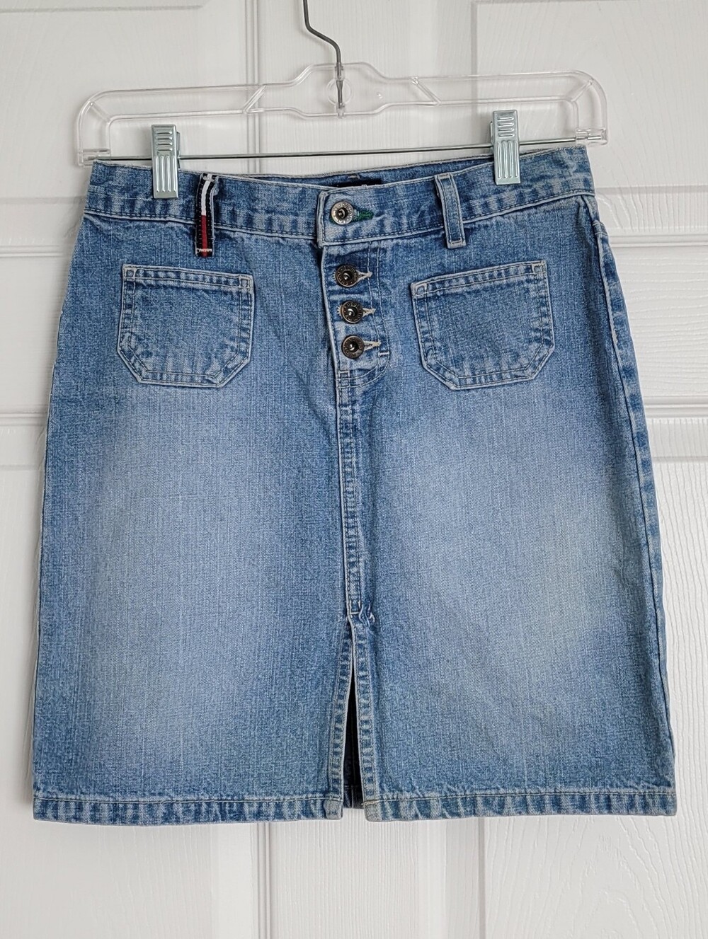 Vintage 90s Tommy Hilfiger Light Blue Denim Button-Front Mini Skirt